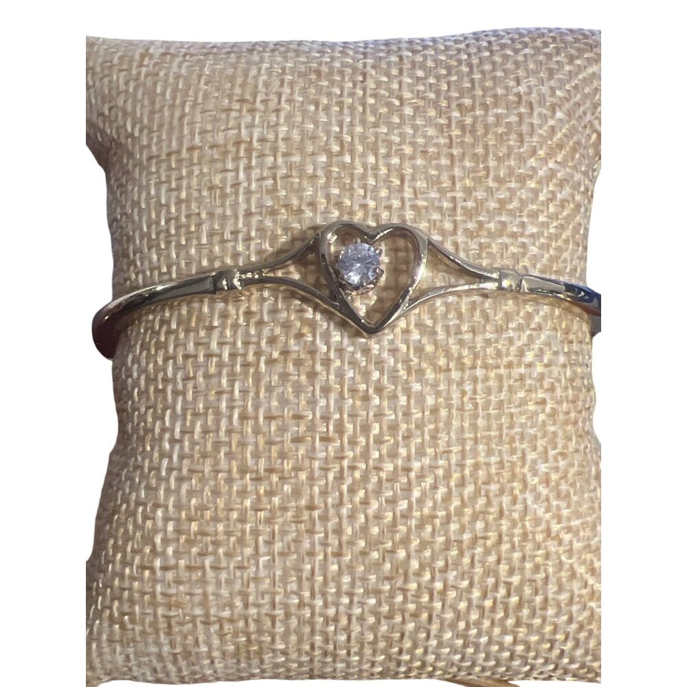 Vintage Gold Tone Clamper Bracelet Open Heart Clear Crystal Hinged Estate 6.5"